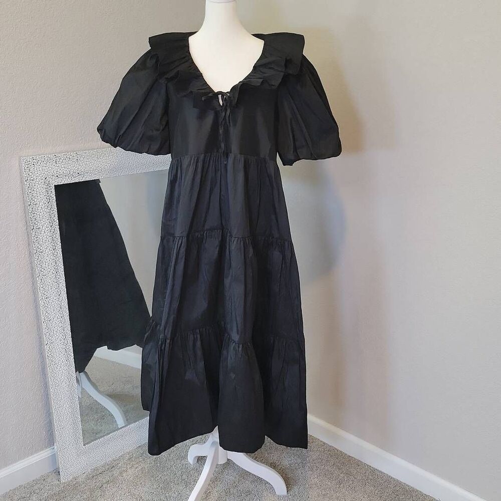 Topshop Black Tiered Midi Dress with Puff Sleeves